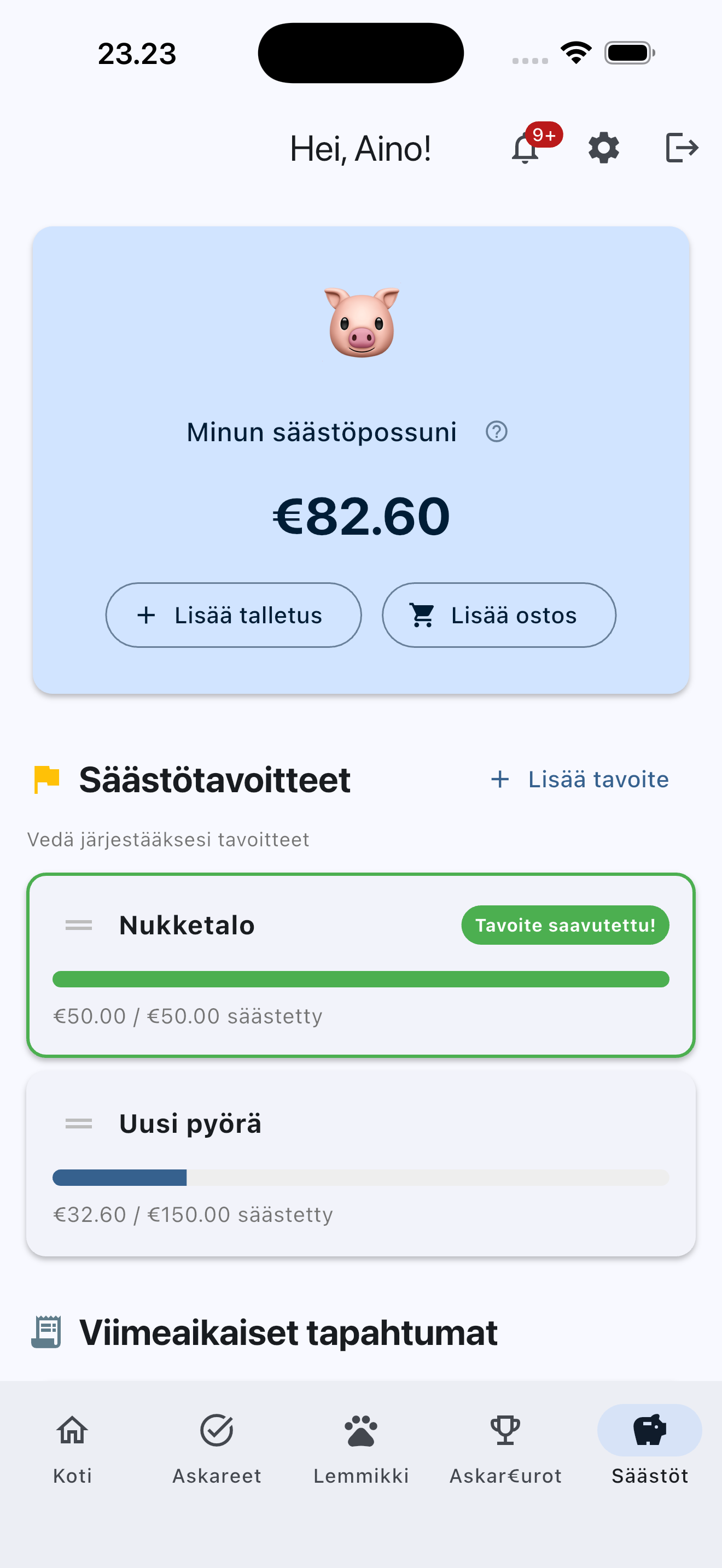 Askareet Säästötavoitteet - Säästöpossu ja tavoitteiden seuranta