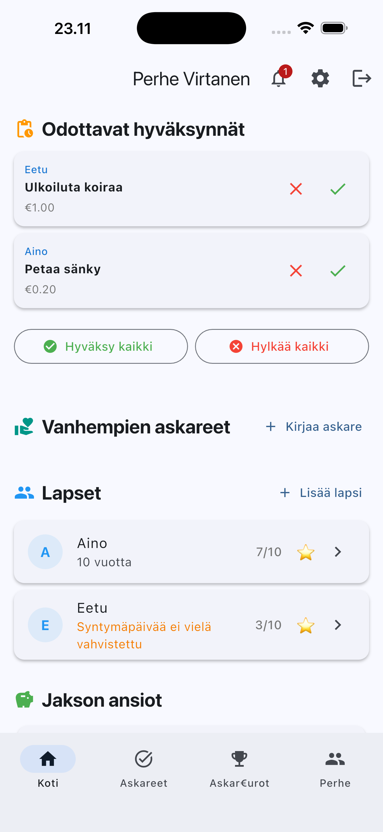 Askareet Vanhemman Hallintapaneeli - Koko perheen yleiskatsaus