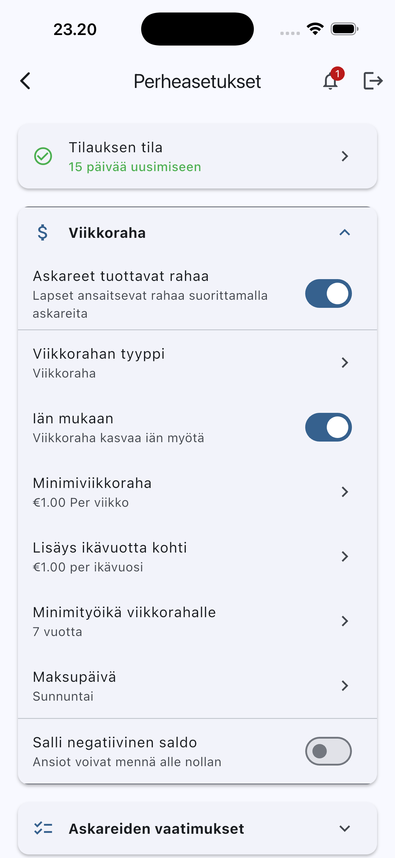 Askareet Viikkoraha-asetukset - Joustavat määritykset
