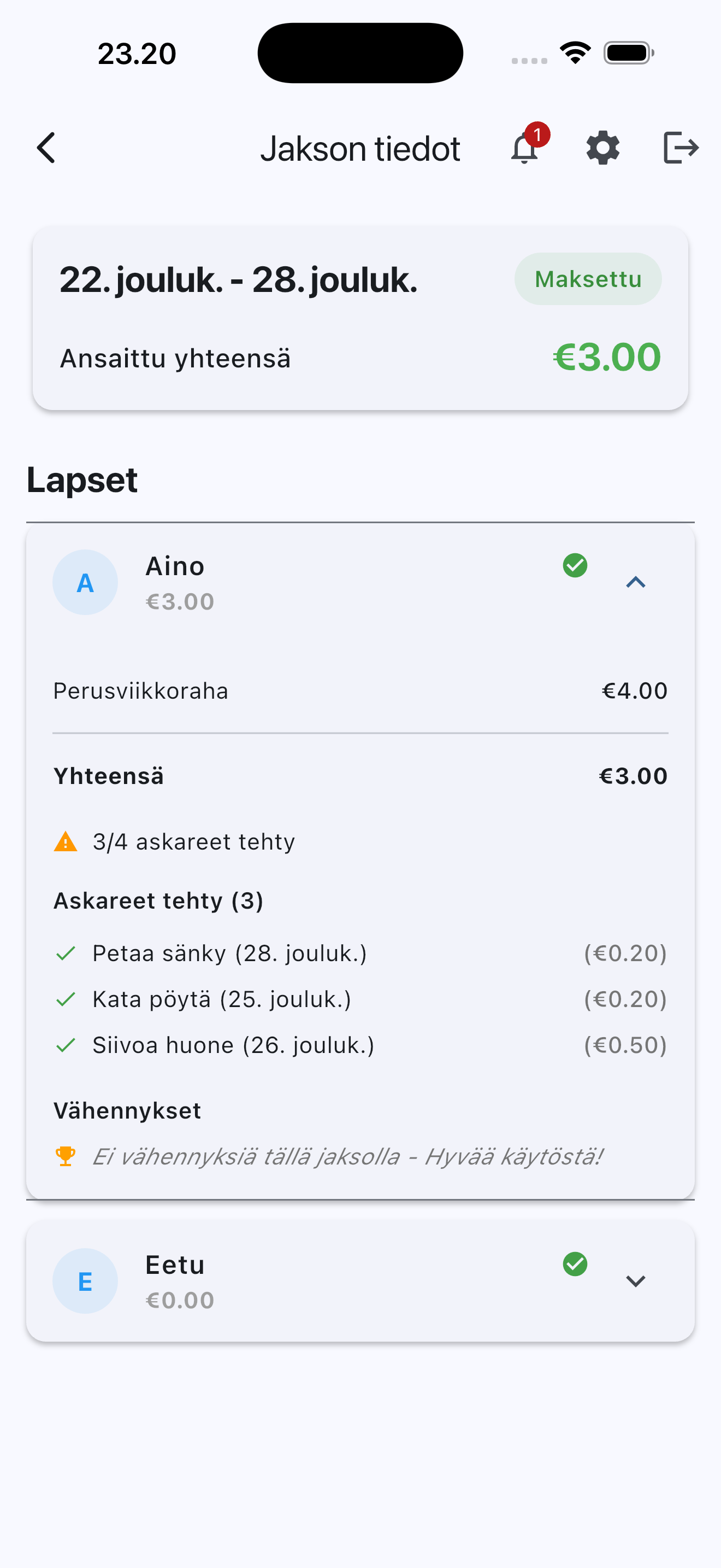 Askareet Maksuhistoria - Täydelliset viikkorahatiedot